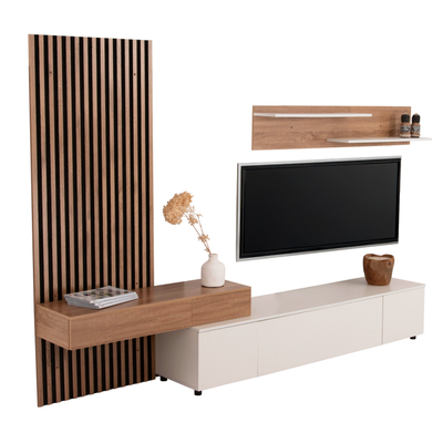 Set mobilje TV Dort HM18076.01, melaminë 249.5cm, me rafte muri, sonoma e bardhë