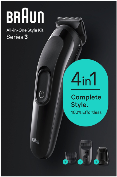 Trimmer flokësh dhe mjekre Braun Series 3 SK3400, 4 në 1, pa kabllo 50 min, i zi