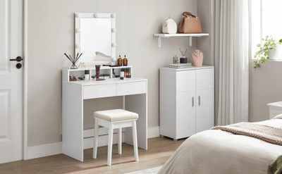Tavolinë tualeti Leobert RDT114W01, pasqyrë me LED, 2 sirtarë, e bardhë