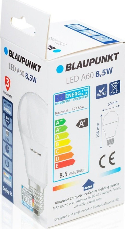 Llampë LED Blaupunkt A60, E27, 8.5W, dritë natyrale e bardhë