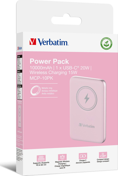 Karikues portativ Verbatim Charge n Go, 10000mAh, karikim wireless magnetik 15W, rozë
