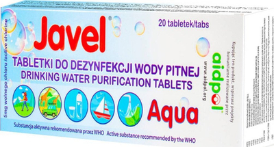 Tableta për dezinfektim uji Javel Aqua, 20 copë, të bardha