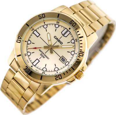 Orë burrash Casio MTP-VD01G-9EVUDF, 50m bo vaki me u lag, çelik inox gold, me unazë ngjyrë shampanje