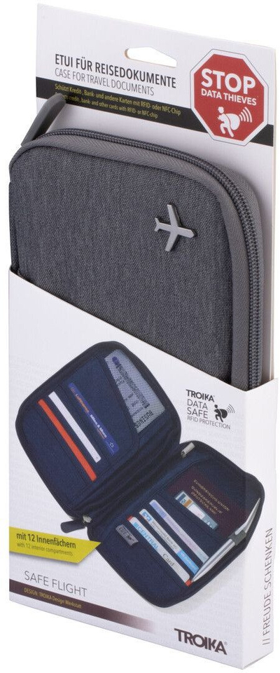 Portofol udhëtimi Troika SAFE FLIGHT, 12 xhepa, RFID, gri portokalli