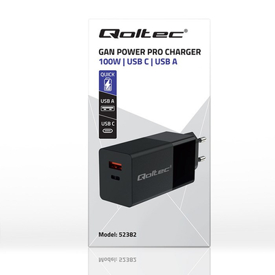 Karikues Qoltec GaN Power Pro, 100W, 1x USB C 1x USB, i zi