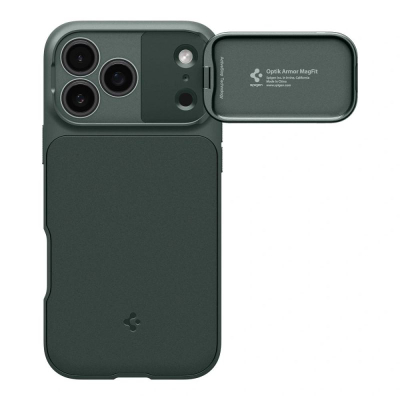 Mbulesë telefoni Spigen Optik Armor MagSafe për iPhone 17 Pro Max, me mbrojtje kamere, jeshile e errët