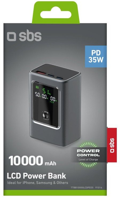 Надворешна батерија SBS PD, 10000 mAh, 35W, со LCD екран, сива