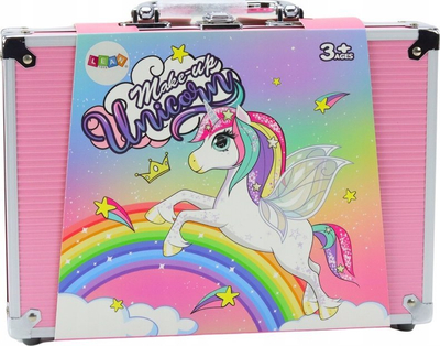 Set kozmetike për kalamajtë Lean Toys Unicorn, valixhe 30x23x6.5cm, 3+ vjeç, rozë me shumë ngjyra