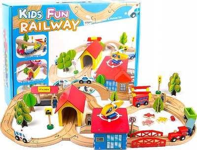 Set hekurudhe druri Leantoys Kids Fun Railway, 69 pjesë, me tren dhe qytet, shumëngjyrësh