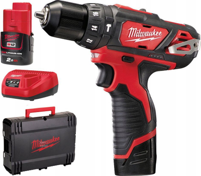 Sharrë goditëse pa kabllo Milwaukee M12 BPD, 12V, bateri 2.0Ah, e kuqe me të zezë