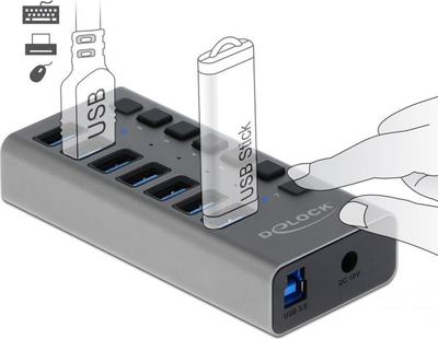 Hub USB DeLOCK i jashtëm, 7 porta, 5 Gbps, gri