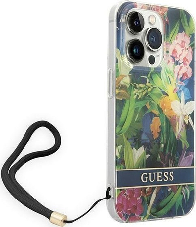 Mbulesë telefoni Guess Flower Strap për iPhone 14 Pro 6.1", hardcase, blu