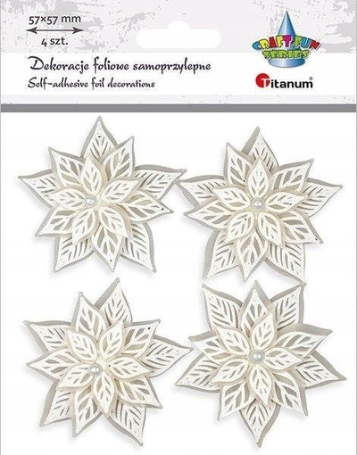Dekorime 3D me vetëngjitje poinsettia, 4 copë, 60 x 57 mm, të bardha