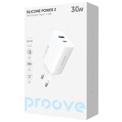 Karikues muri Proove Silicone Power 2, 30W, Type-C + USB, e bardhë