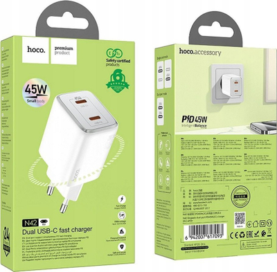 Karikues muri Hoco N42 GaN, 45W, 2x USB C PD QC, i bardhë