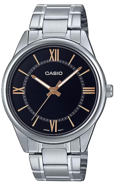 Orë dore Casio MTPV005D 1B5, me akrepa, çelik inox, ngjyrë argjendi
