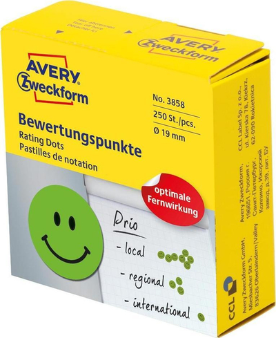 Etiketa ngjitëse Avery Zweckform 3858 Positive Smiley, rrethore 19mm, 250 copë, jeshile