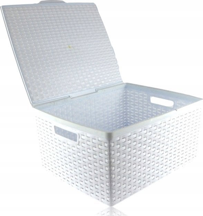 Shportë rattan me kapak, plastike, e bardhë