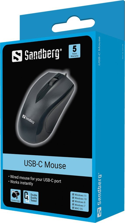 Maus USB Sandberg USB C, me kabëll, i zi