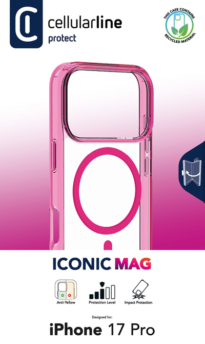 Këllëf telefoni Cellularline Iconic MAG MagSafe për iPhone 17 Pro, i fortë, rozë transparent
