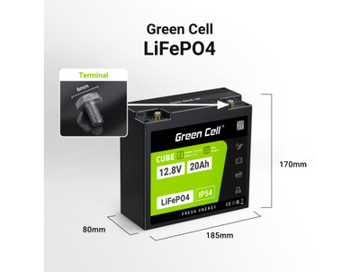 Bateri LiFePO4 Green Cell 20Ah, 12.8V, me BMS, e gjelbër