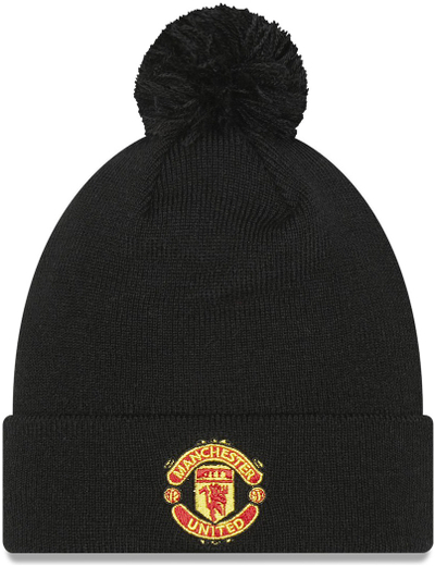 Зимска капа Manchester United FC Wordmark Bobble, за деца, со помпон, црна
