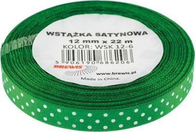 Shirit sateni dekorativ Brewis WSK 12-6, 12mm, 22m, jeshil me pika të bardha