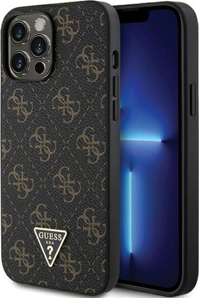 Mbulesë telefoni Guess 4G Triangle Logo për iPhone 13 Pro Max, lëkurë ekologjike, e zezë