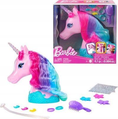 Lodër kokë stilimi Barbie Unicorn, me aksesorë flokësh, me ngjitëse me shkëlqim, shumëngjyrëshe