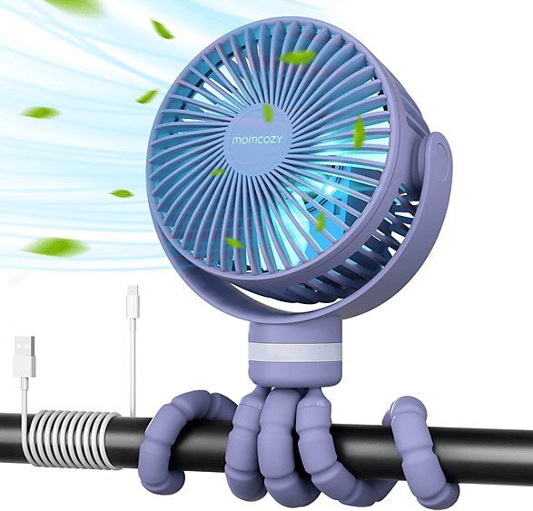 Ventilator portativ për karrocë Momcozy, fleksibël, karikim USB, vjollcë