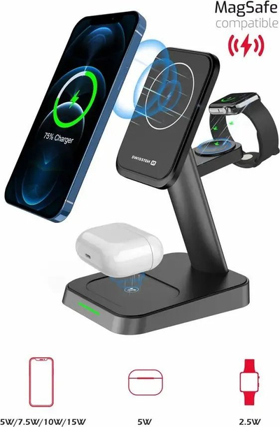 Karikues wireless Swissten MagStick 3in1, 22.5W, MagSafe, i zi