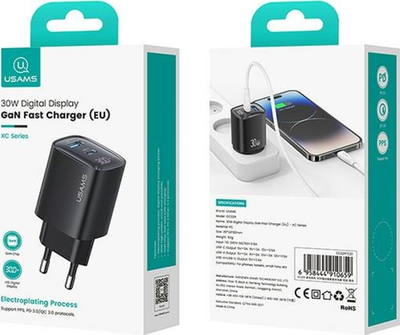 Karikues muri USAMS CC229, 30W GaN, me USB-C edhe USB-A, ngjyrë e zezë