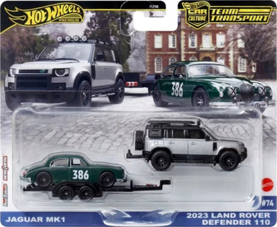 Set lodrash diecast Hot Wheels Car Culture Team Transport Jaguar MK1 dhe 2023 Land Rover Defender 110, shkalla 1:64, jeshile dhe argjendtë