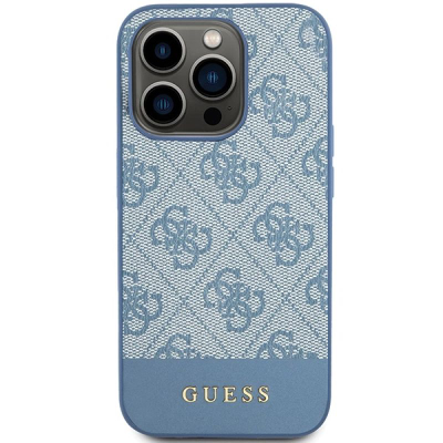Mbrojtëse telefoni Guess 4G Bottom Stripe për iPhone 15 Pro, logo metal, blu
