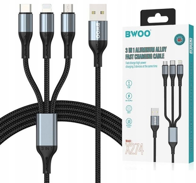 Kabllo karikimi BWOO X274 3 në 1, 1.2m, 3A, e zezë
