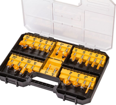 Set frezash për dru Dewalt DT90017-QZ, 22 copa, bosht 8mm, i verdhë