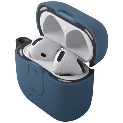 Mbështjellëse për kufje Uniq Clyde, për AirPods 4, TPU, me karabinë, blu e errët