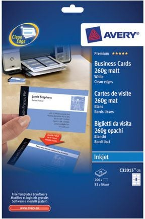 Karta biznesi Avery Inkjet C32015-25, 200 fletë, mat, e bardhë