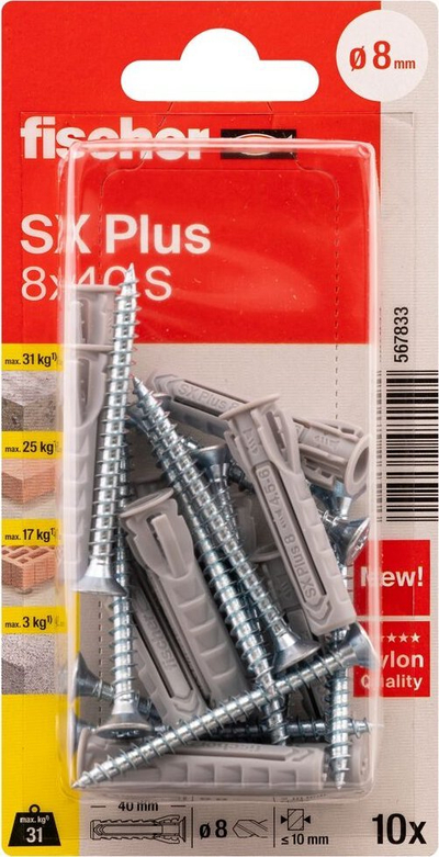 Set tiple Fischer SX Plus GCS 567833, 8x40 mm, 10 copë, gri