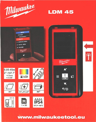 Matës distance me lazer Milwaukee LDM 45, rreze 45 m, IP54, i kuq