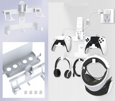 Mbajtëse muri JYS për Sony PlayStation 5 dhe VR2, metalike, me karikues USB, e bardhë