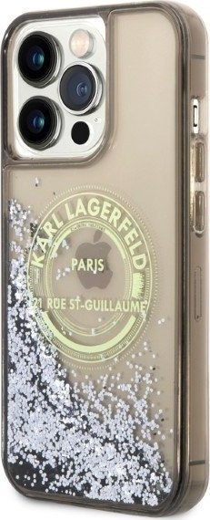 Kllausë telefoni Karl Lagerfeld Liquid Glitter RSG, për iPhone 14 Pro Max, transparente me korniza të zeza