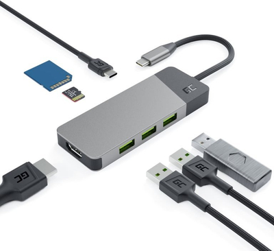 Adapter USB C Green Cell Connect, Hub 3x USB 3.1, HDMI 4K 60Hz, gri