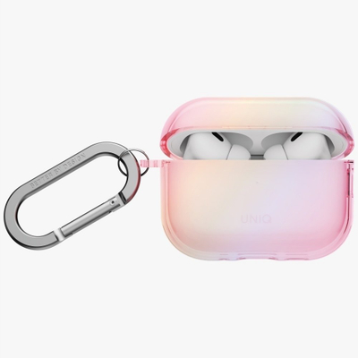 Kapak mbrojtës UNIQ Iridescia për AirPods Pro 3, TPU, me karabinë, rozë e tejdukshme
