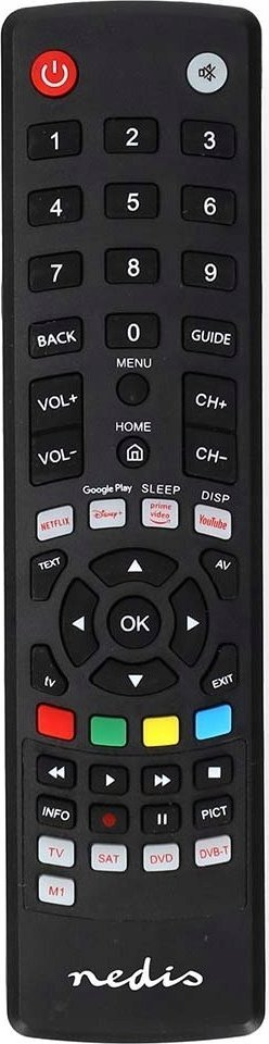 Telekomandë universale Nedis URC, për 4 pajisje, me infra të kuqe, me butona Amazon Disney Google Netflix YouTube, e zezë