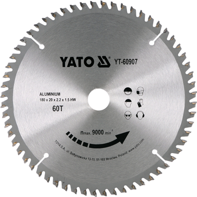 Teh rrethor Yato YT-60907, 180mm, 60 dhëmbë, për alumin, ngjyrë argjendtë