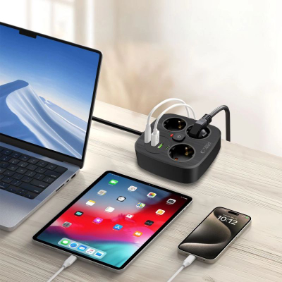 Prizë zgjatese Tech-Protect PCS3X4, 3 dalje, 2xUSB-A 2xUSB-C, kabllo 2m, e zezë