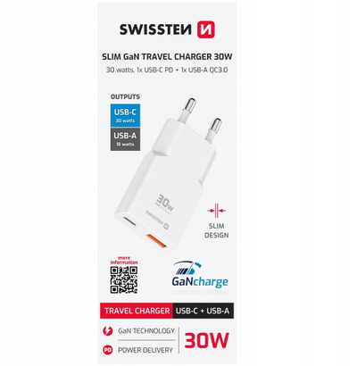 Karikues udhëtimi Swissten Slim GaN, 30W, USB C dhe USB A, i bardhë