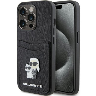 Mbulesë telefoni Karl Lagerfeld Saffiano me xhep për kartela, për iPhone 15 Pro, e zezë