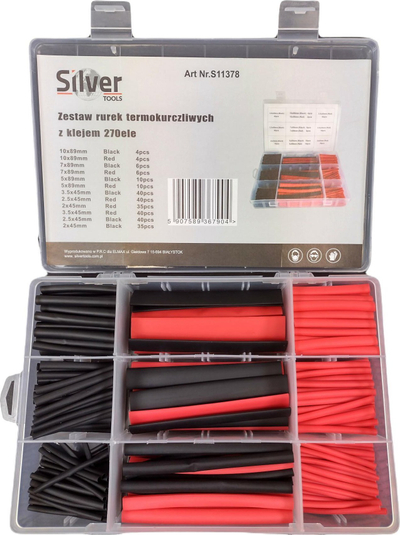 Set tuba termokurçues Silver Tools S11378, me ngjitës, 270 copë, të zinj e të kuq